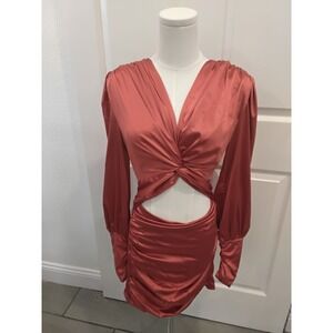 Glamaker Red Satin Twist Front Cutout Ruched Mini Dress Small G20DR7568